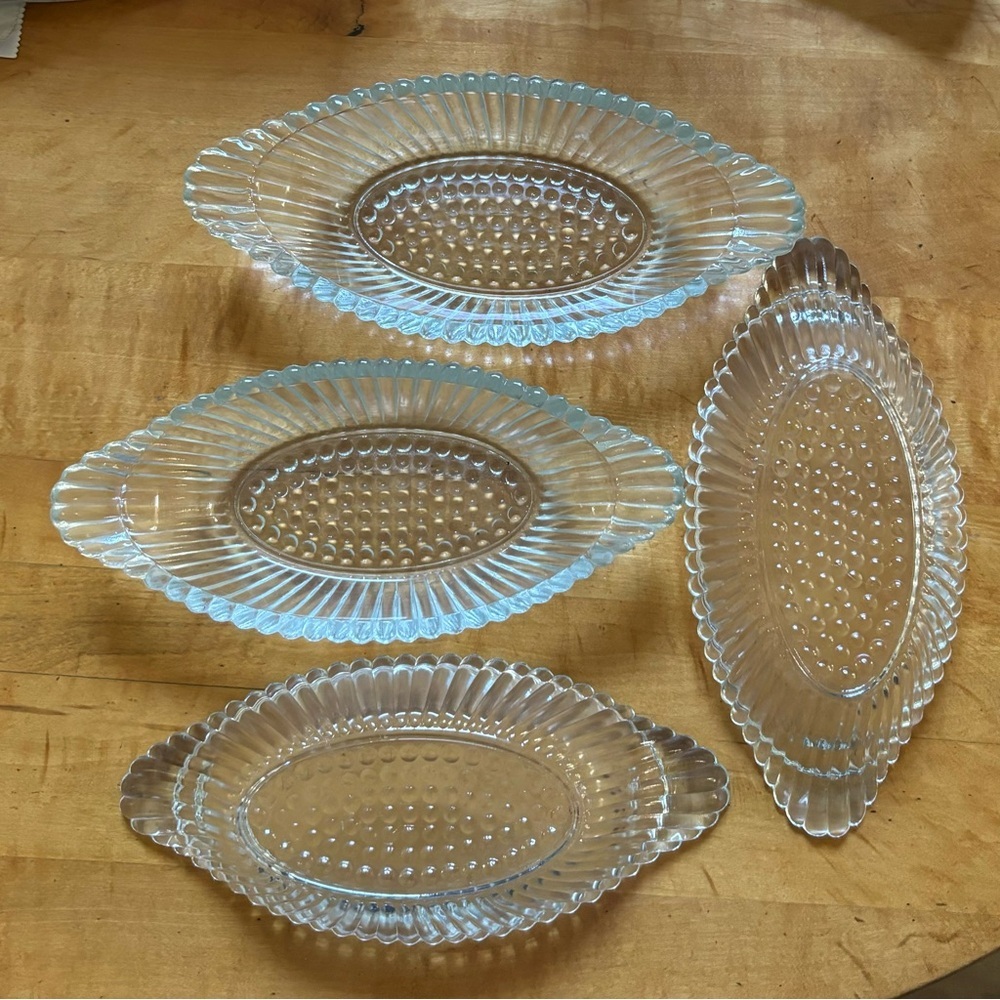RETRO GLASS Ice Cream Sunday Condiment Ribbed Hob Knob Oval Dish 9”  Set Of 4‎